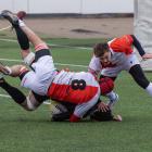 Fotografie z extraligového ragby Slavia Praha - Tatra 43:19 pořízené objektivy Jiřího Durdíka